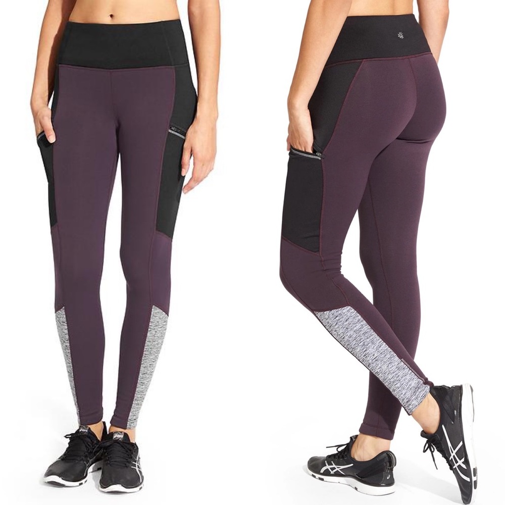 Athleta Colorblock Powerlift 2.0 Fleece Lined Leggings in Purple Black Grey